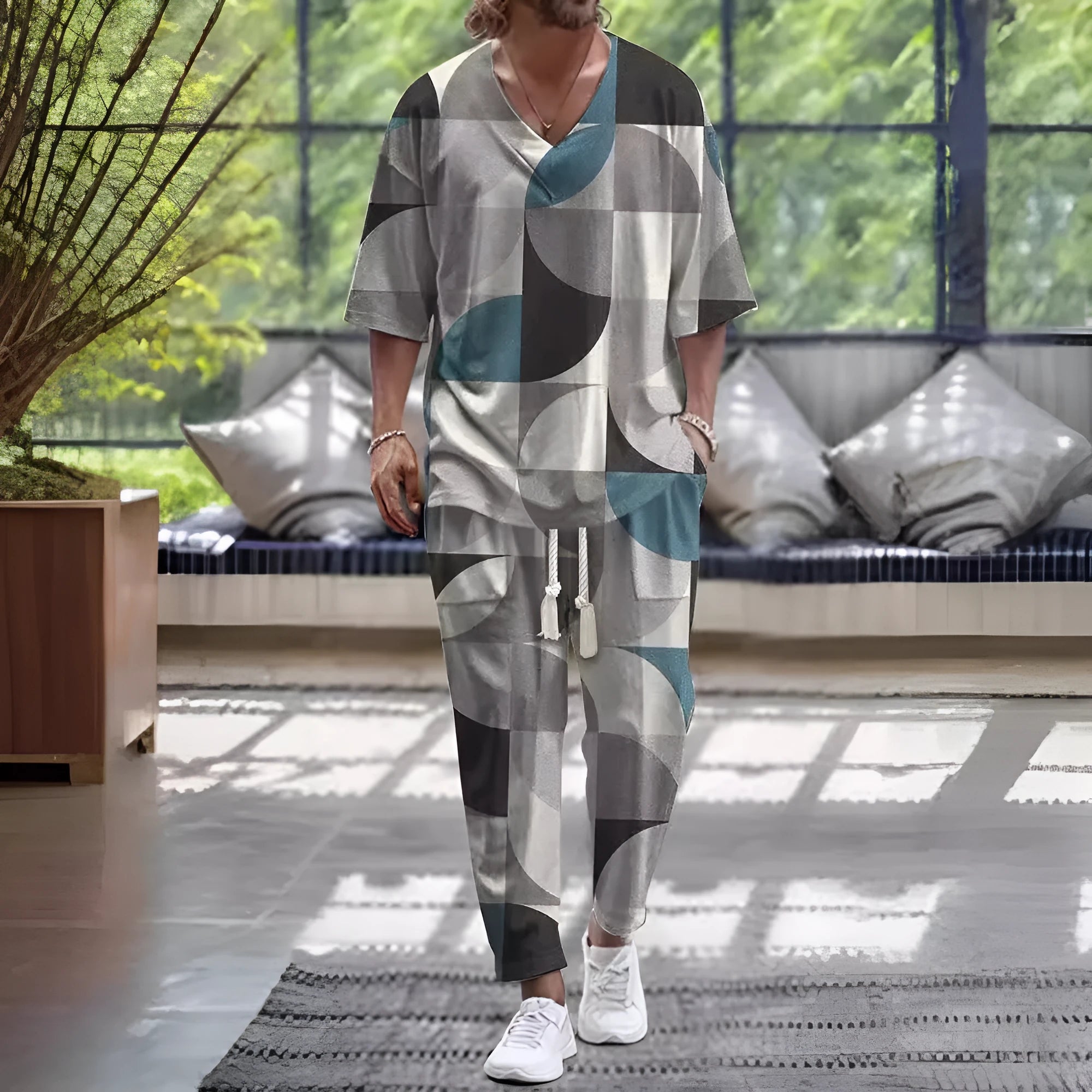Women's grey polyester trousers suit with a V-neck cropped sleeve jacket