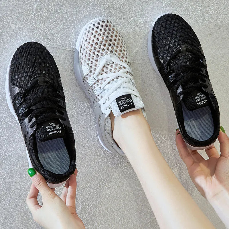 Breathable hollow-out mesh casual sneakers in black and white colour options with EVA sole