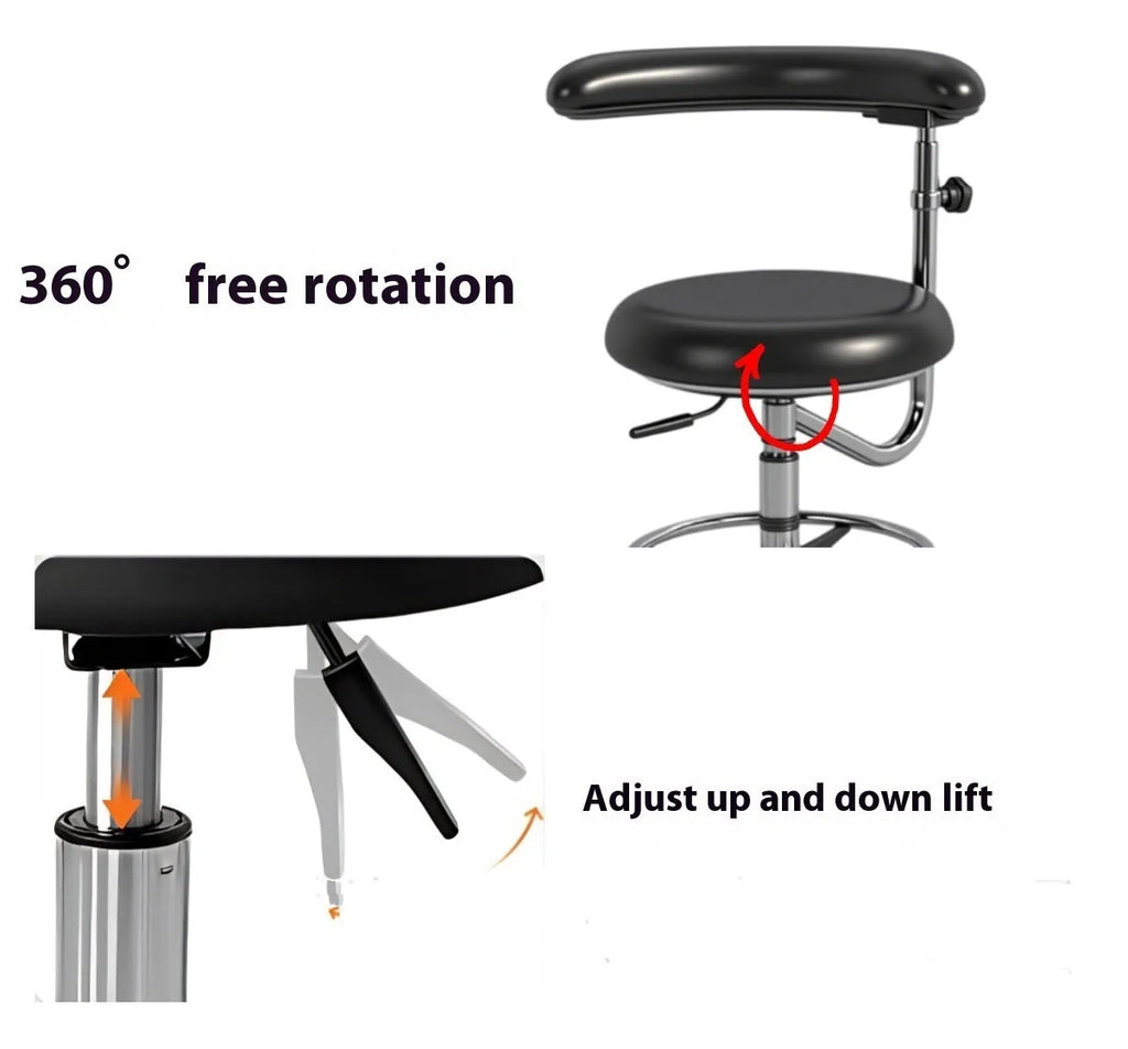 Black leather dental chair for clinic use as a dentist or nurse seat.
