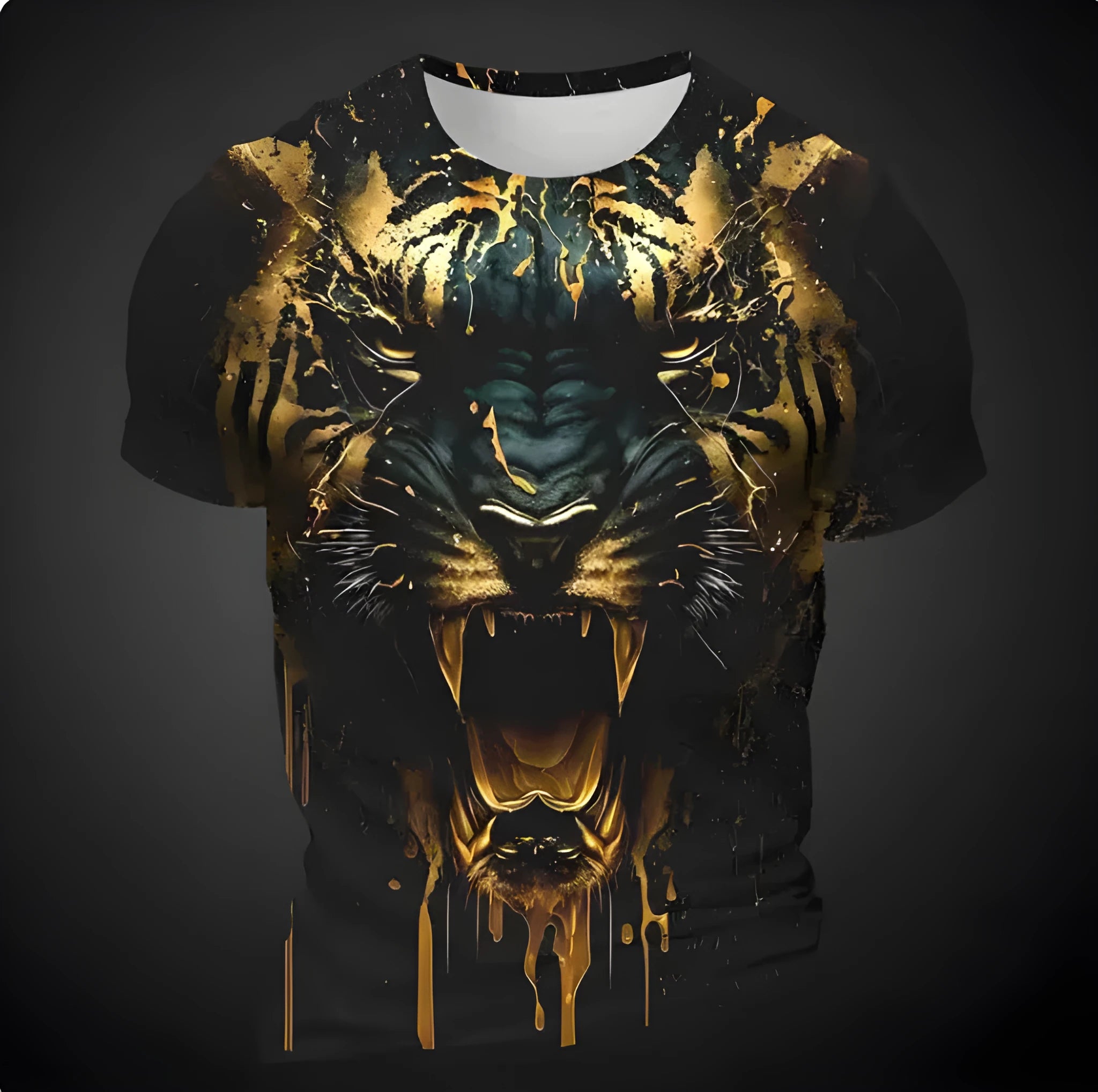 Man wearing a black T-shirt with a detailed 3D tiger graphic print on the chest.