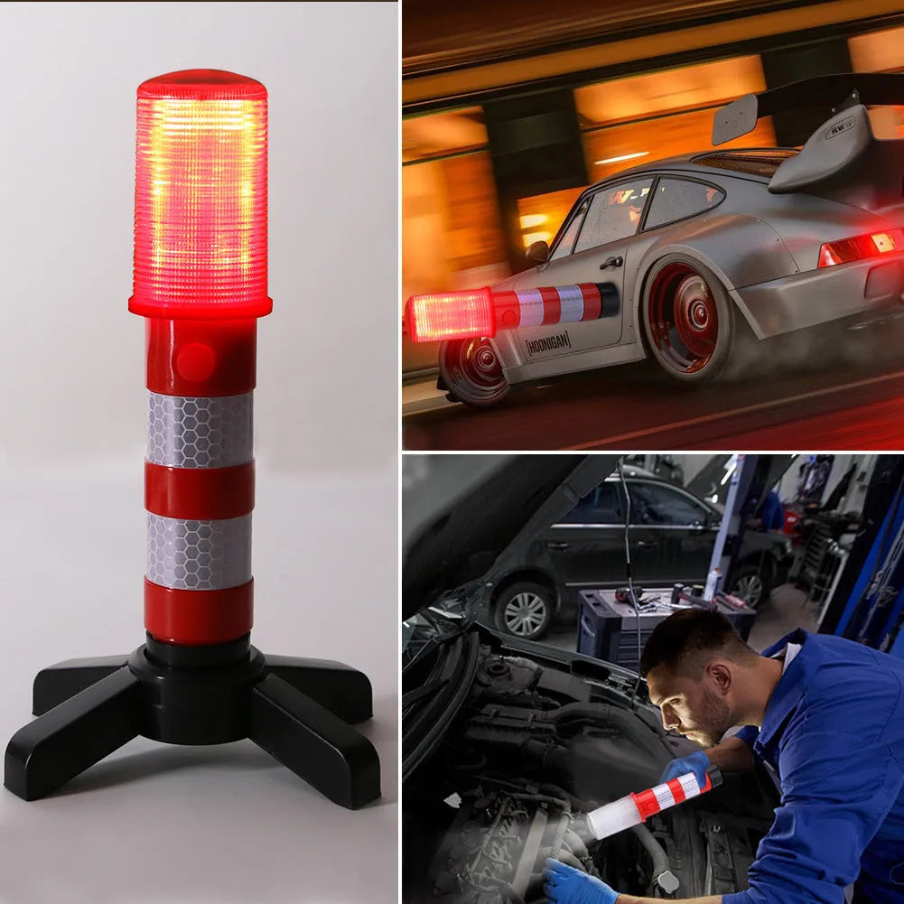Two magnetic base emergency LED flares in plastic carry case showing suction magnet and support legs