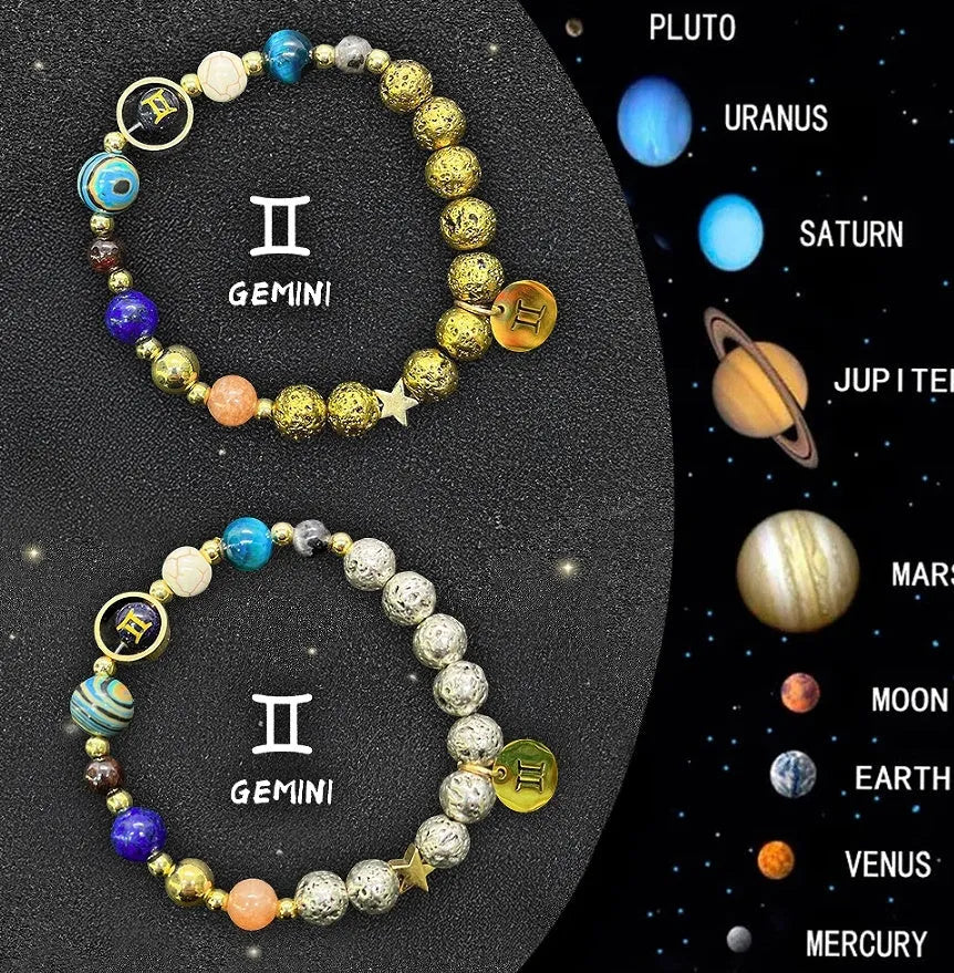Set of twelve natural stone beaded bracelets, each representing a different zodiac sign.