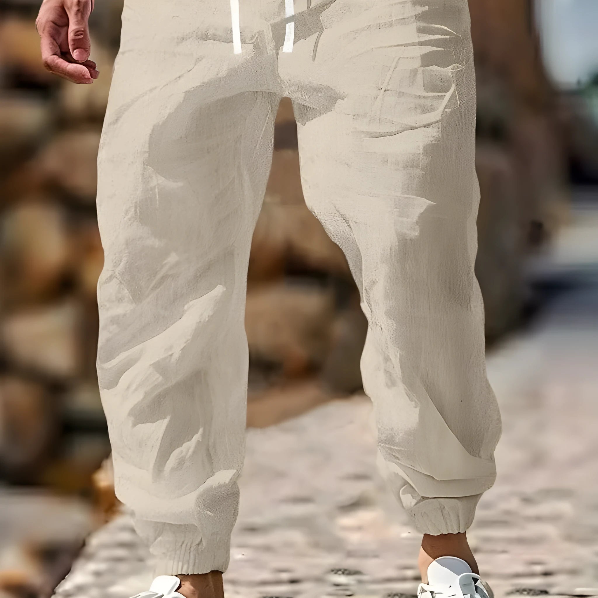 Men's straight leg linen trousers with elastic waistband in seven colour options