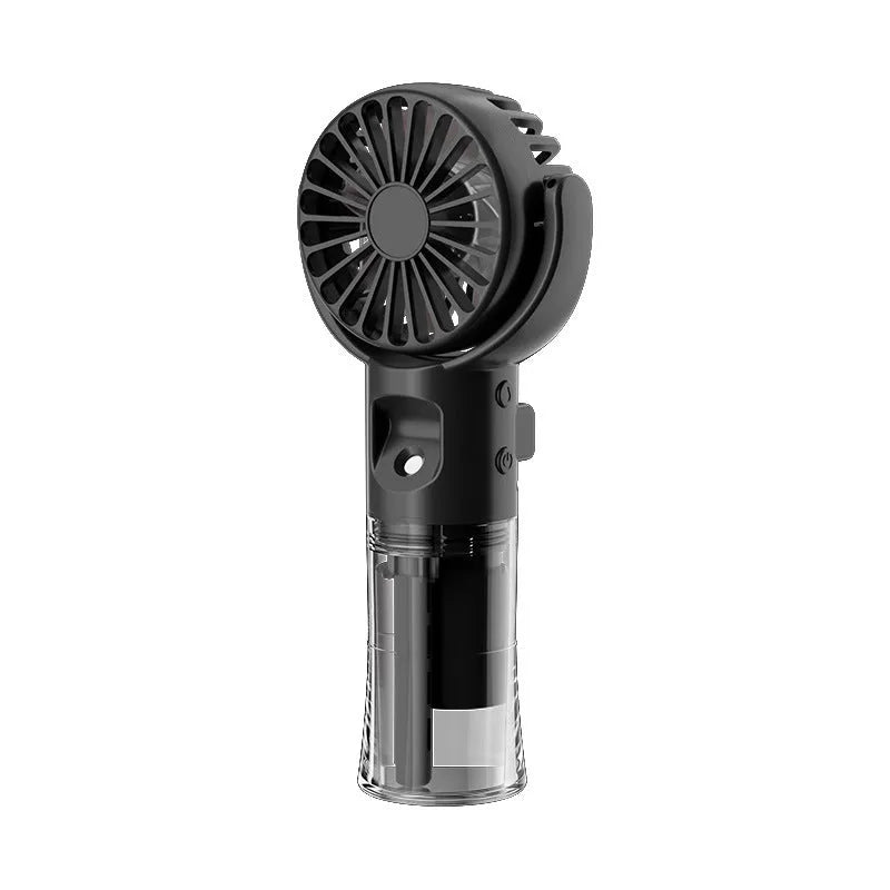 Portable handheld spray fan with transparent water tank and four-speed mist function in black colour