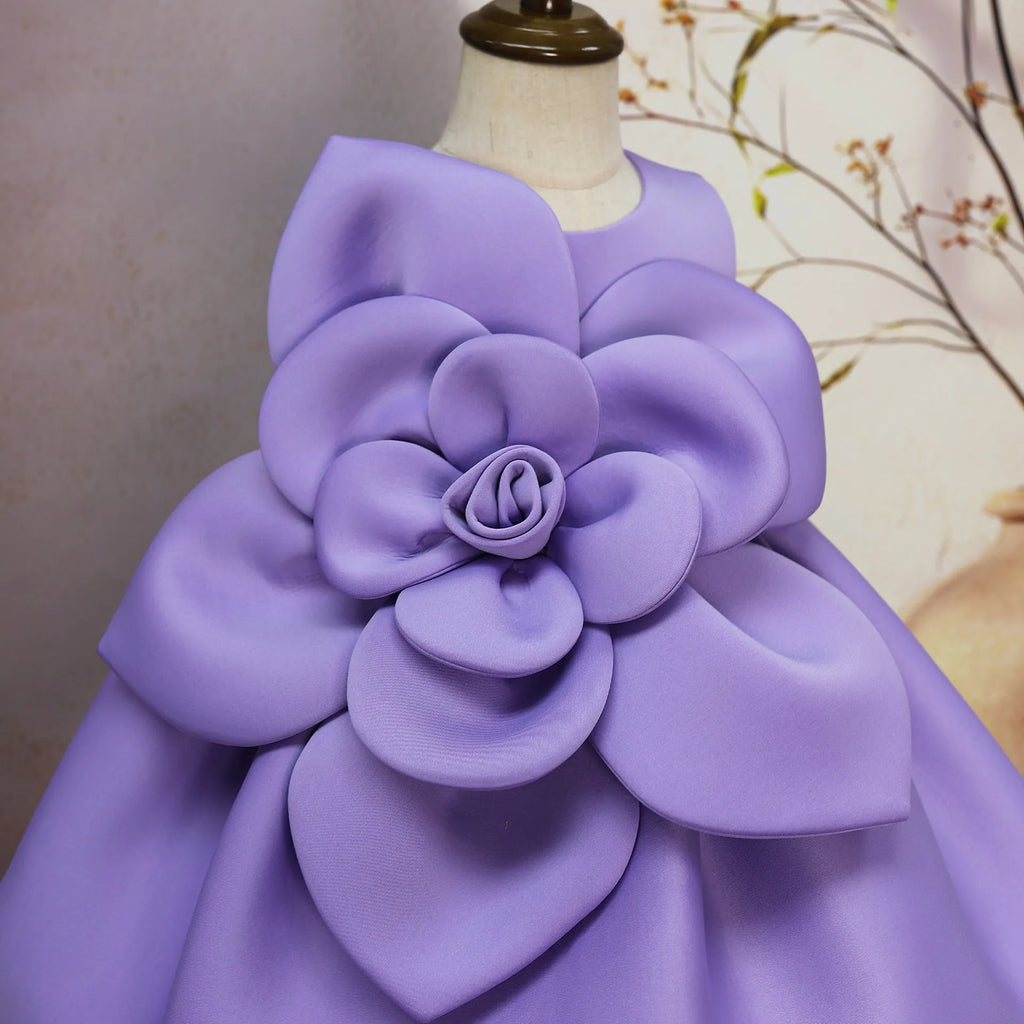 Purple solid colour big flower little girl dress in acetate fabric, available for heights 90cm to 130cm