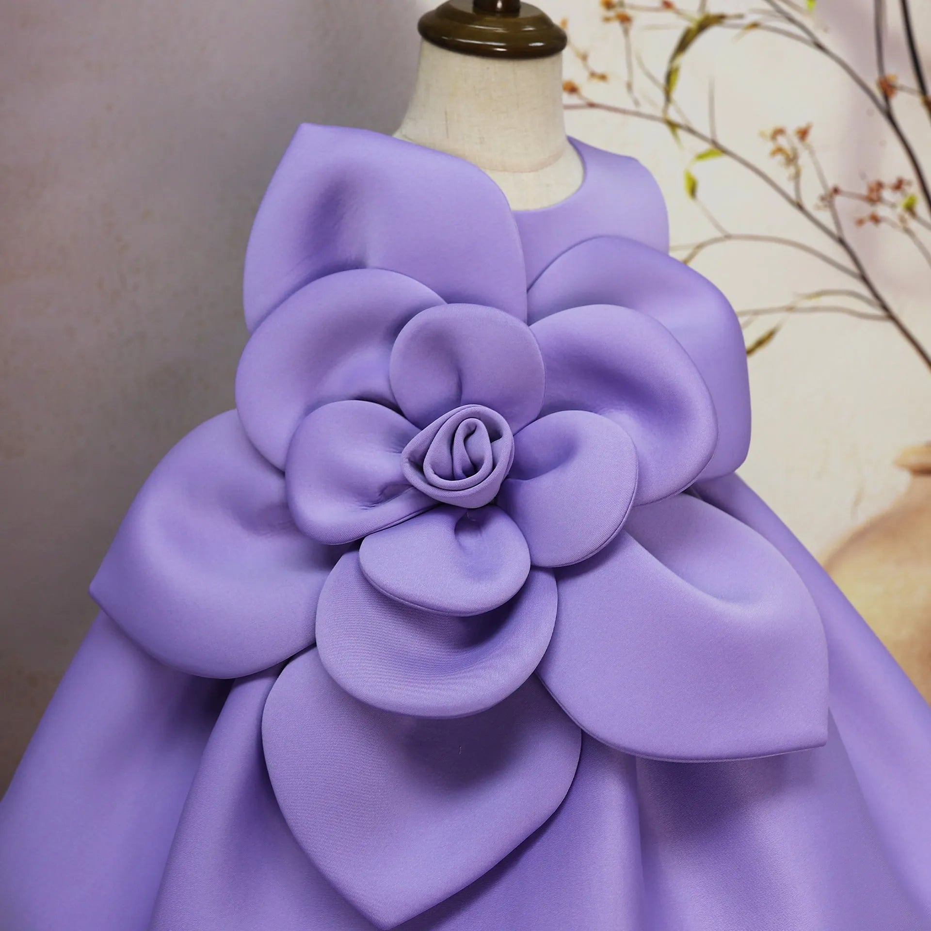 Purple solid colour big flower little girl dress in acetate fabric, available for heights 90cm to 130cm