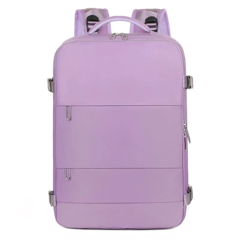 Large-capacity travel backpack in purple, grey, black, or pink with organised compartments and waterproof Oxford fabric