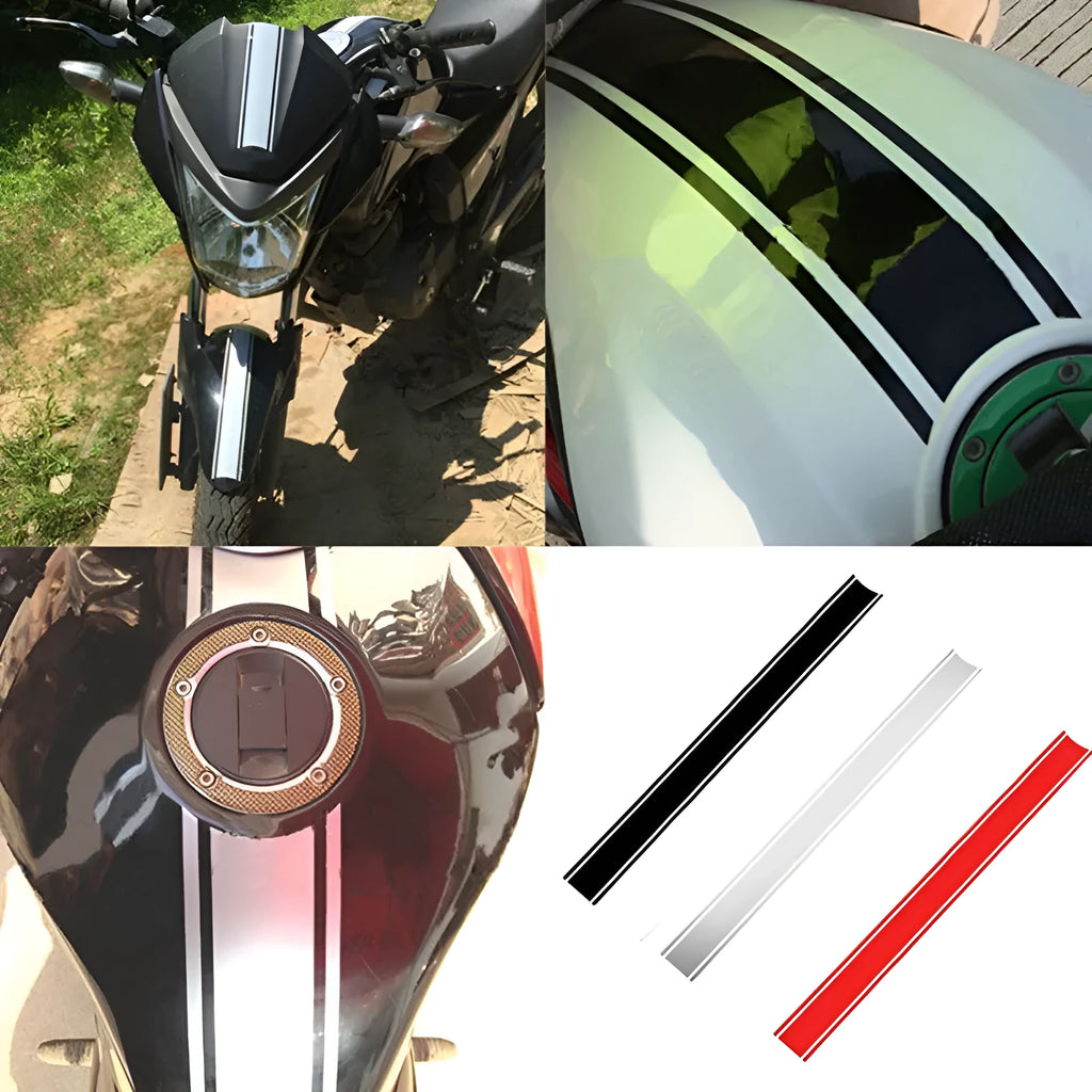 Motorcycle petrol tank lid reflective pinstripe sticker in black, red, silver or yellow colours