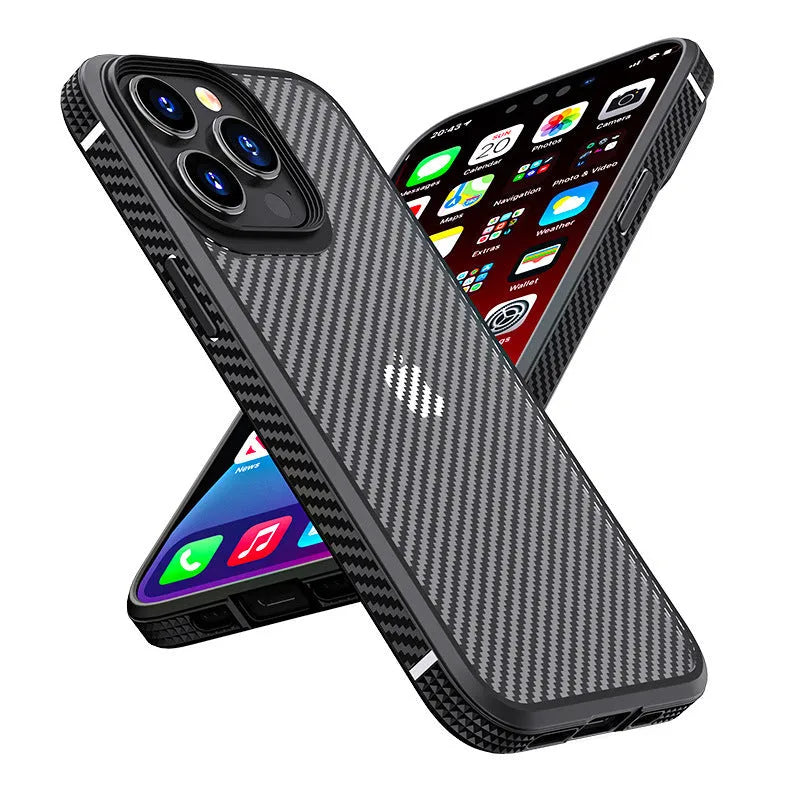 Black and blue anti fall protective mobile phone cases for iPhone 13 series with carbon fibre pattern.