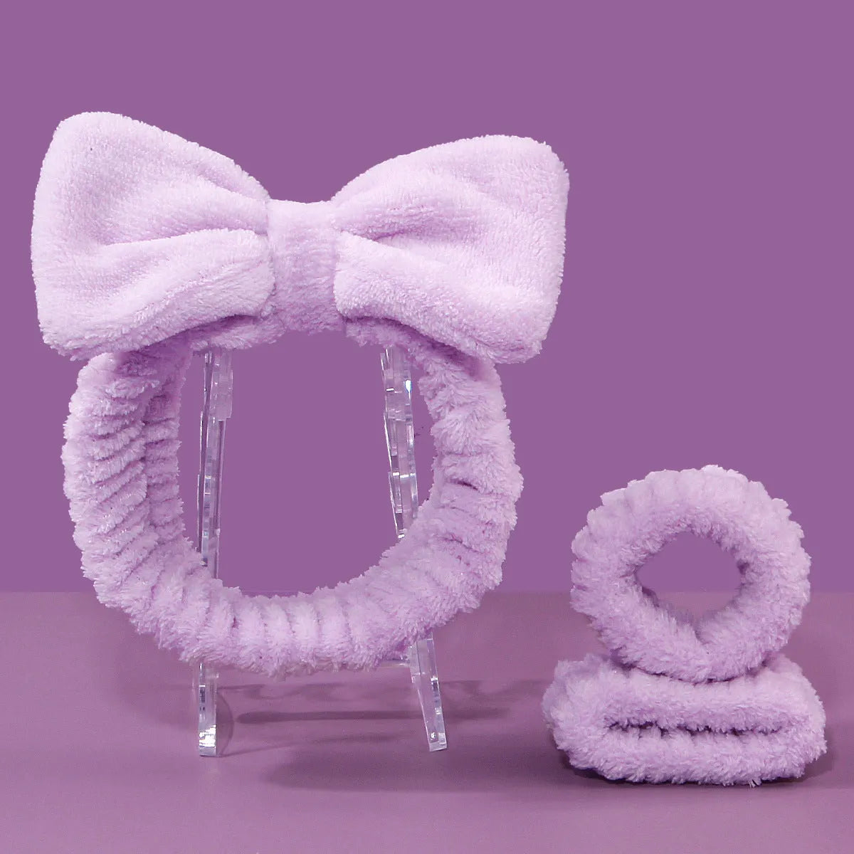 Facial brush set with coral fleece hair band, nylon brush, and face wash mitts in assorted colours