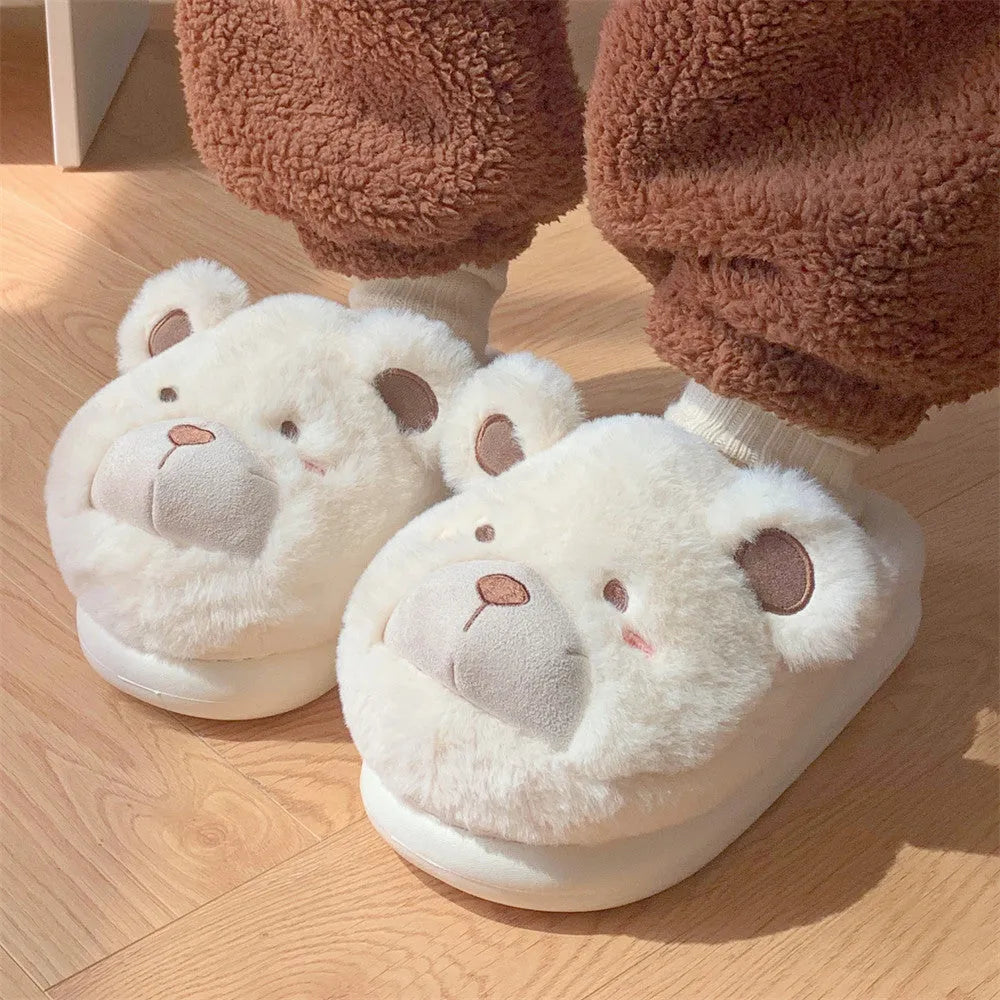 Women's plush slippers with suede upper in round toe design and cartoon pattern