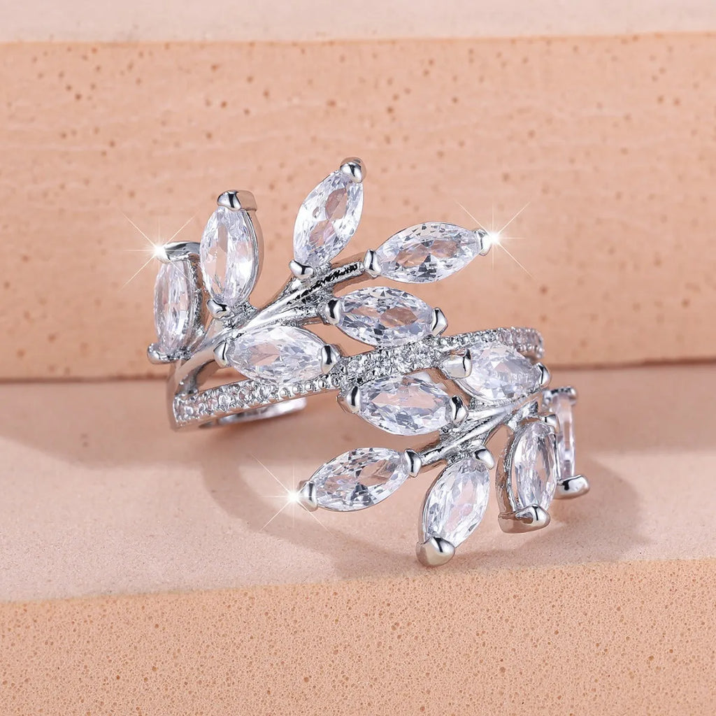 Adjustable copper leaf ring with zircon finishes in multiple colour options