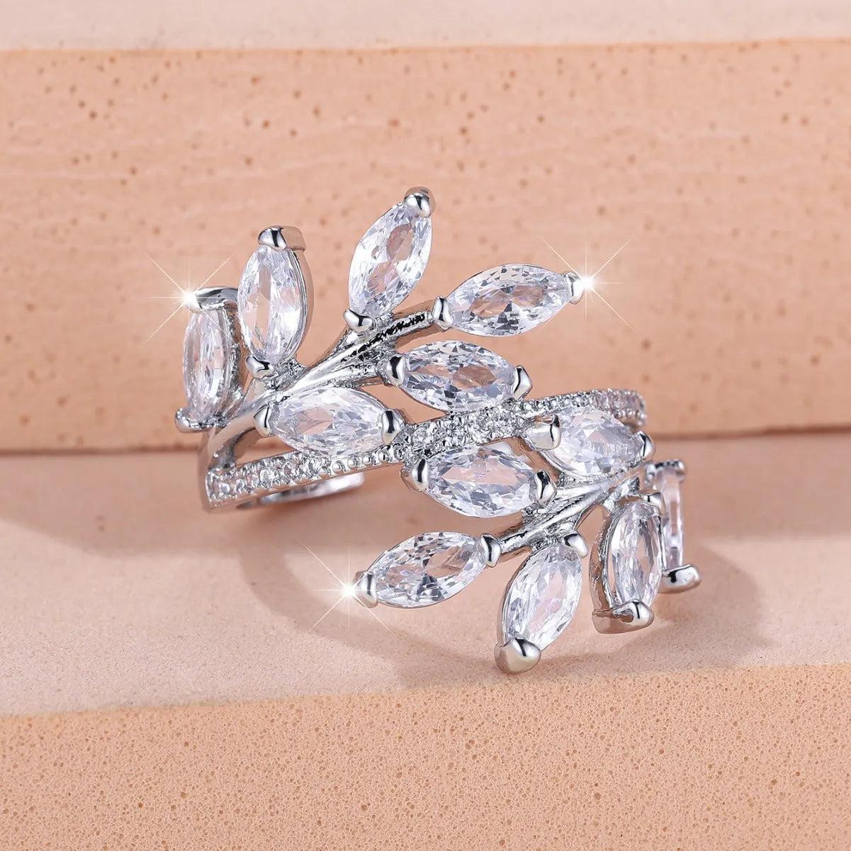 Adjustable copper leaf ring with zircon finishes in multiple colour options