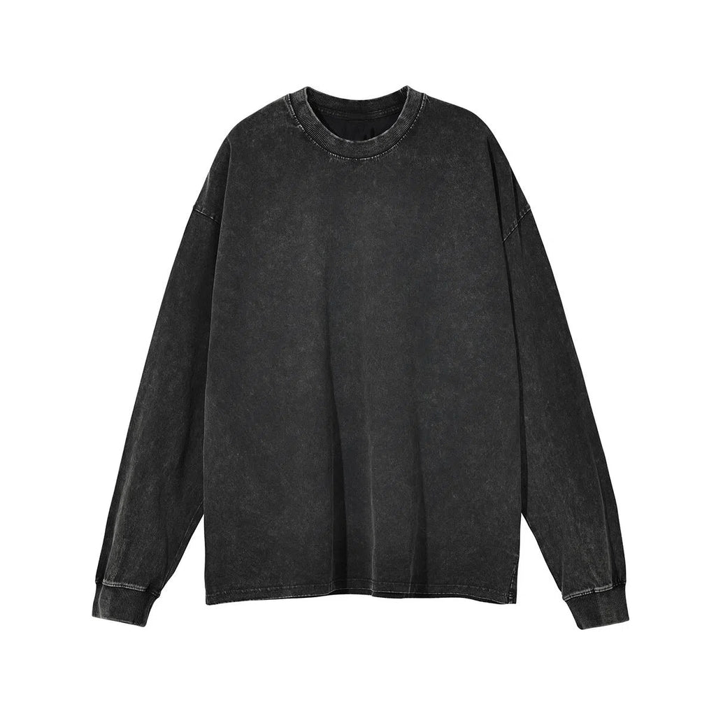 Black pure cotton washed retro long-sleeved T-shirt with loose fit and distressed details, front view