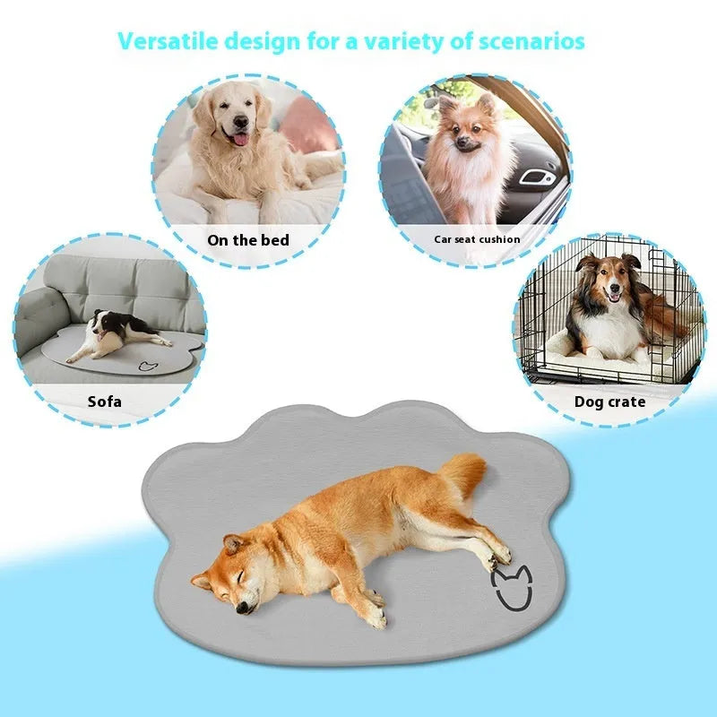 Dog head-shaped ice silk pet cooling mat on floor with non-slip base