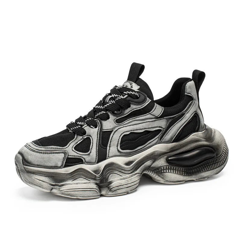 Men's black mesh sneakers with platform heel, rubber sole, and lace-up closure for sports and casual wear