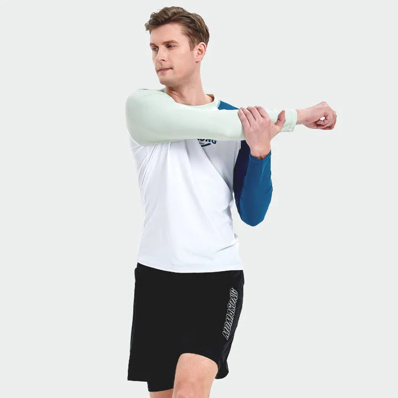 Men's white long-sleeve swim top with matching blue double-layer beach swimming trunks