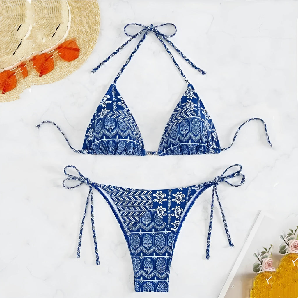 Women's split bikini swimsuit with stitching bandage design in polyester fabric