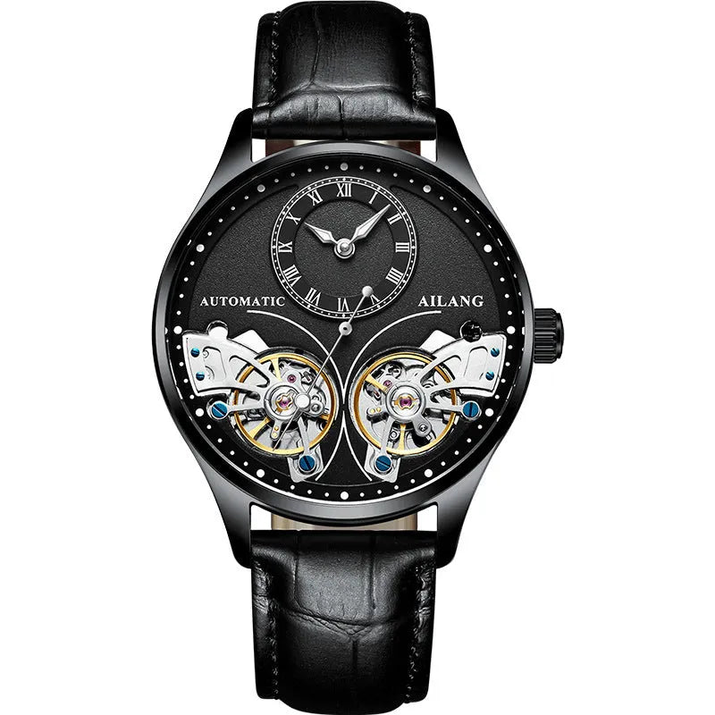 Men's automatic watch with tourbillon and moon phase complications in black steel case