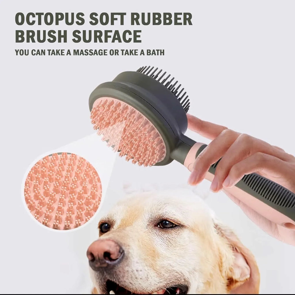 Double sided pink cat brush with release button and flea comb for pet grooming