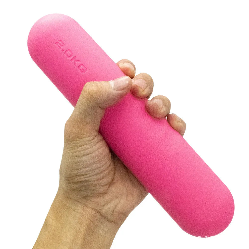 Silicone-edged hand-drawn dumbbell stick in a choice of colours including pink, green, and black, shown with cast iron weight.
