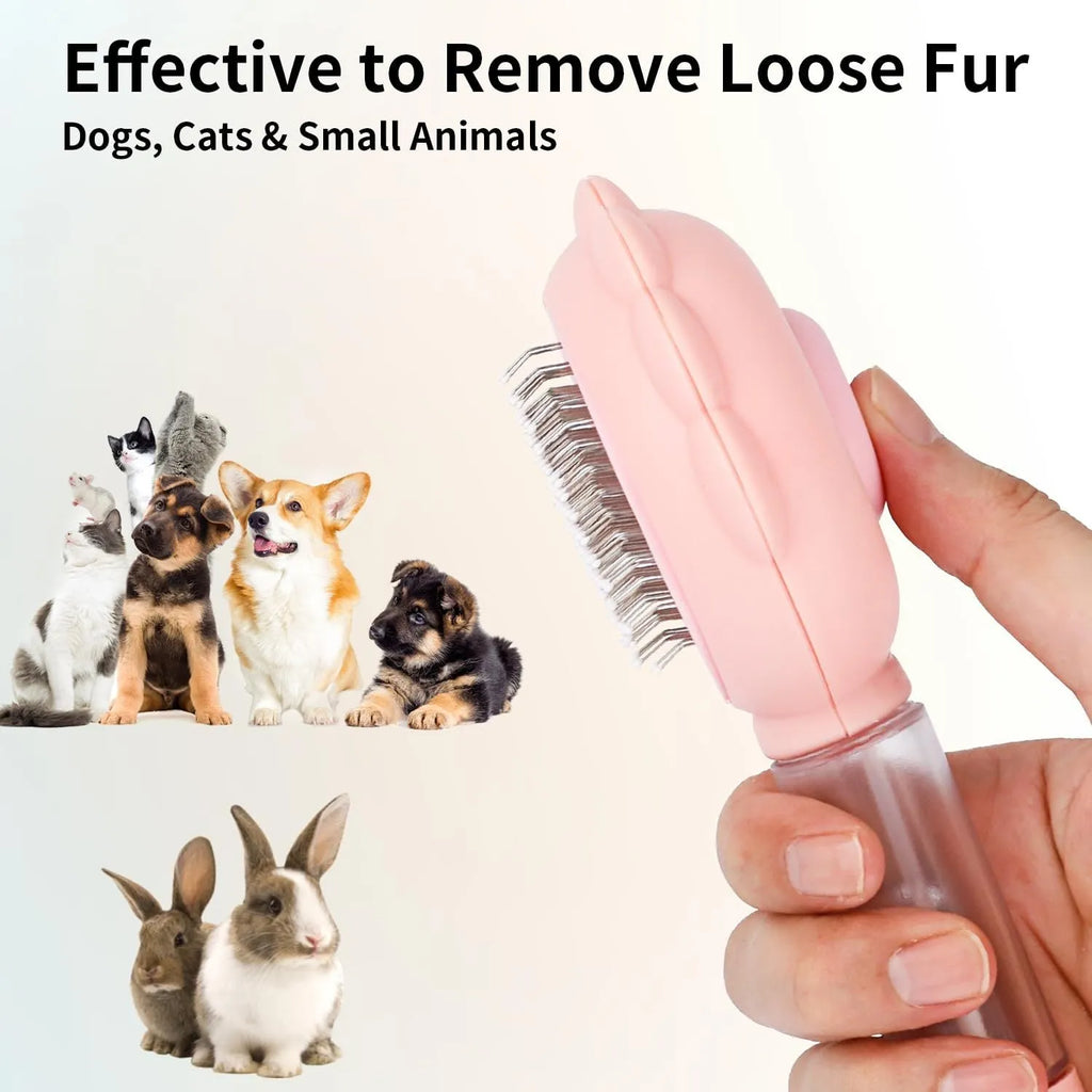 Grey spray cat brush with self-cleaning button and stainless steel bristles on a white background.