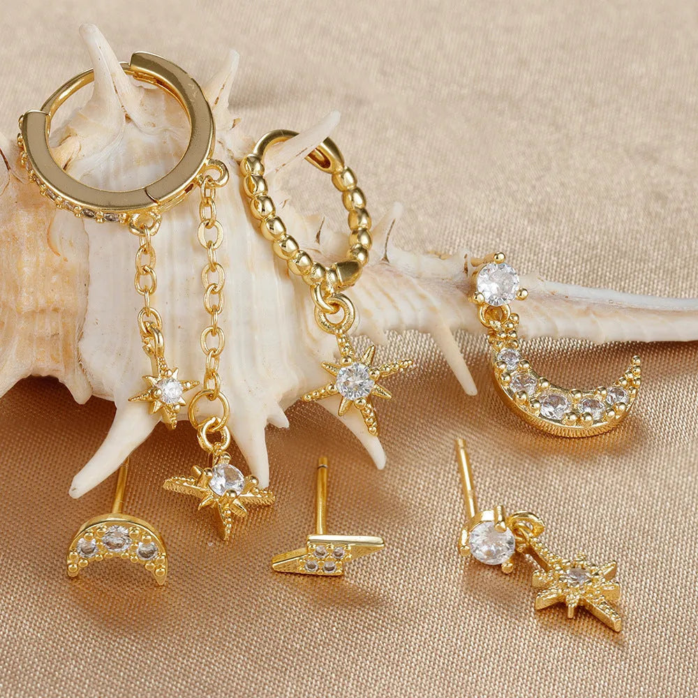 Six gold-plated zircon stud earrings with chain and tassel pendant designs for women