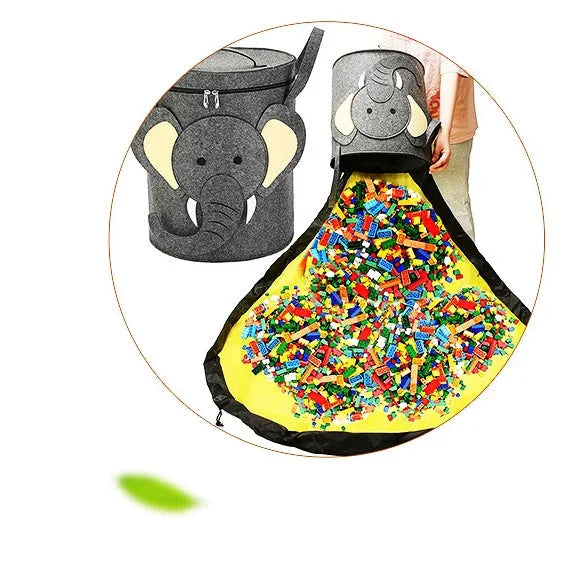Green felt cube storage bag open as play mat with pull rope closure for children's toys