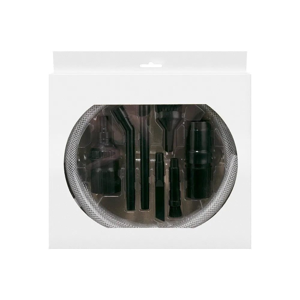 Eight-piece vacuum cleaner accessory set with small suction heads for confined space cleaning
