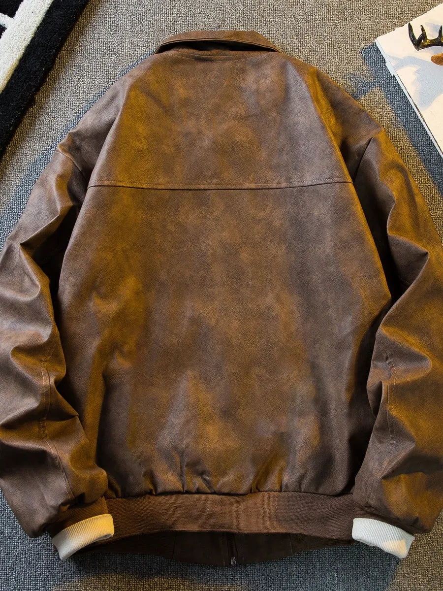 Brown suede vintage short leather jacket for men with lapel collar and zip front