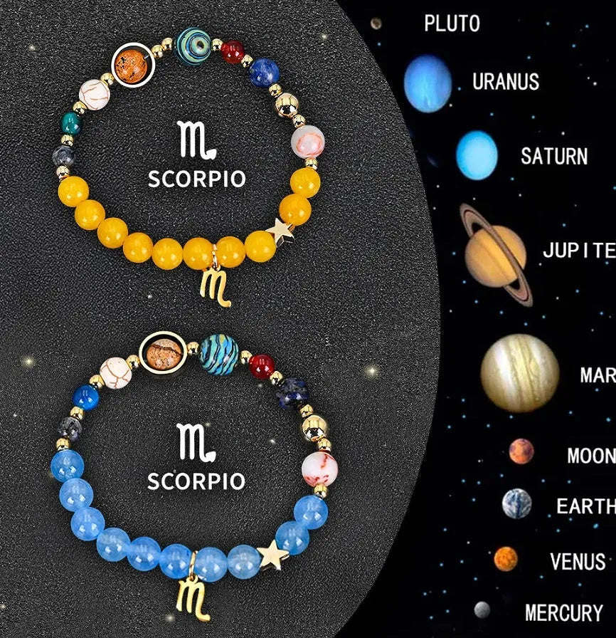 Set of two natural stone beaded bracelets representing zodiac signs from a twelve-style collection.