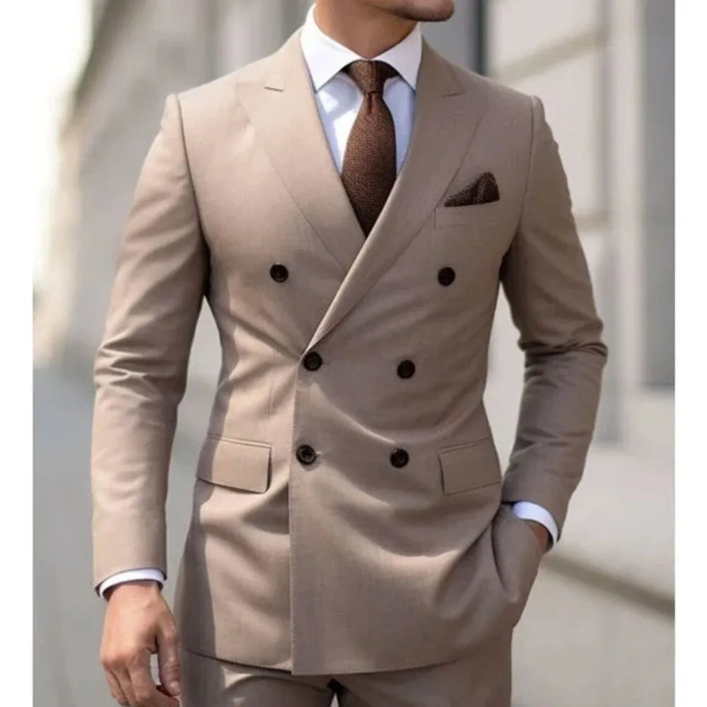Men's grey Korean slim fit two-piece business suit with jacket and trousers