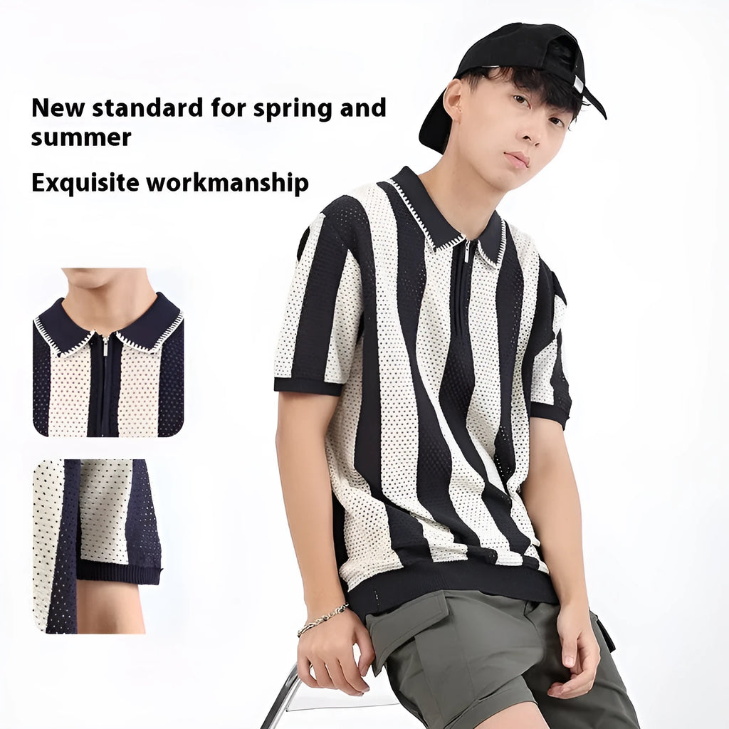 Men's striped ice silk short sleeve sweater with zipper decoration in multiple colours