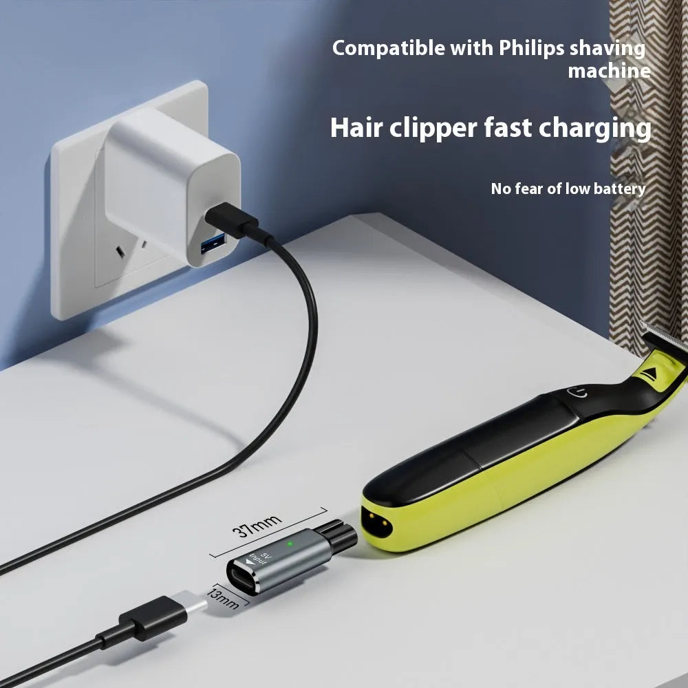 USB C charging adapter for electric shavers in black or grey with aluminium alloy construction
