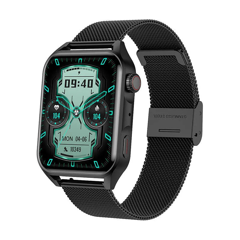 AMOLED NFC smart watch with 1.8 inch display in black colour showing multiple watch faces and magnetic charger