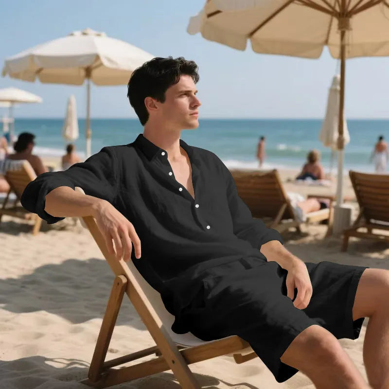 Men's linen shorts suit set showing long sleeve shirt and casual shorts in a light colour