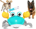 Blue or red electronic crawling crab dog toy with lights, shown on floor.