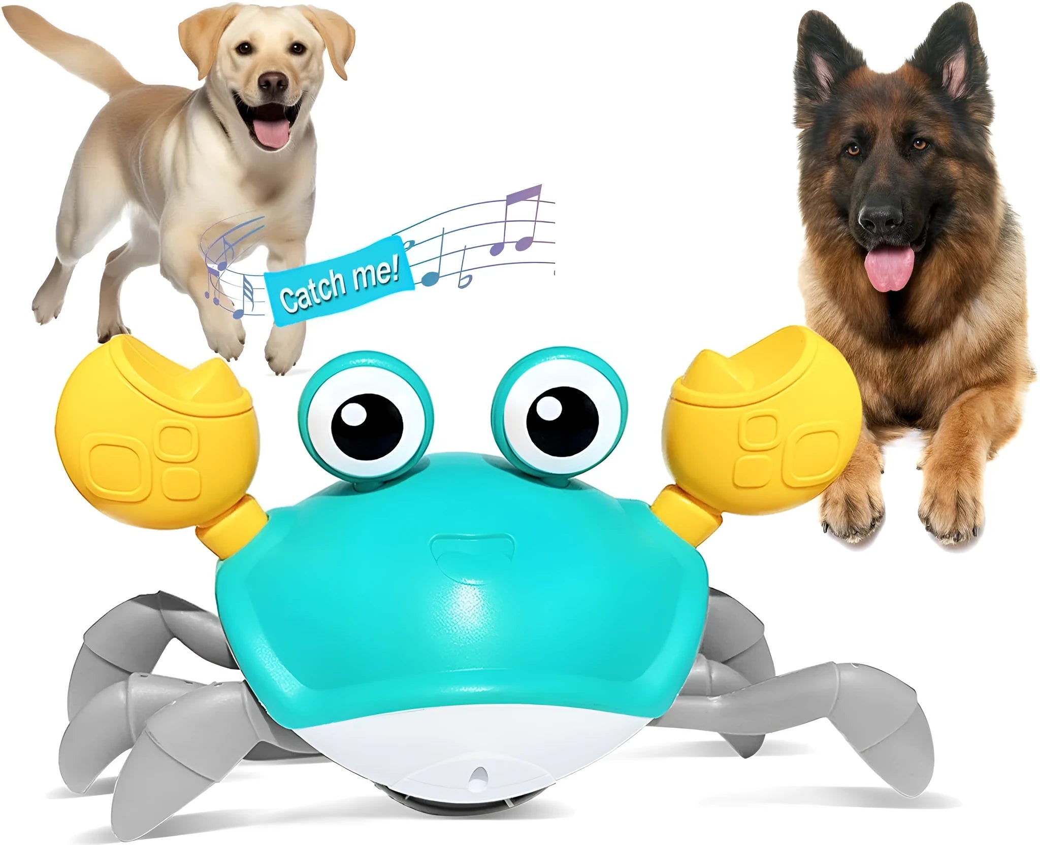 Blue or red electronic crawling crab dog toy with lights, shown on floor.