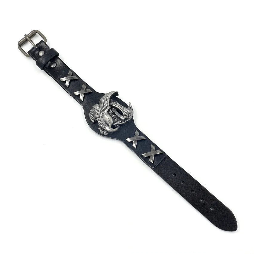 Black leather bracelet with geometric pattern and alloy eagle watch-buttom clasp