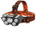 Super bright LED head-mounted miner's lamp with PVC housing and adjustable head strap.