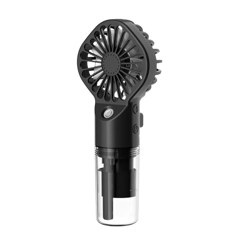 Portable handheld spray fan with transparent water tank and four-speed mist function in black colour