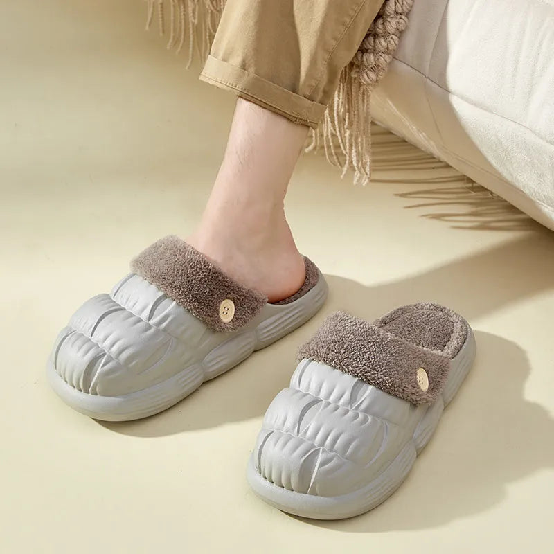 Removable fluffy slippers with EVA upper, non-slip plastic sole, and Velcro fastening in beige
