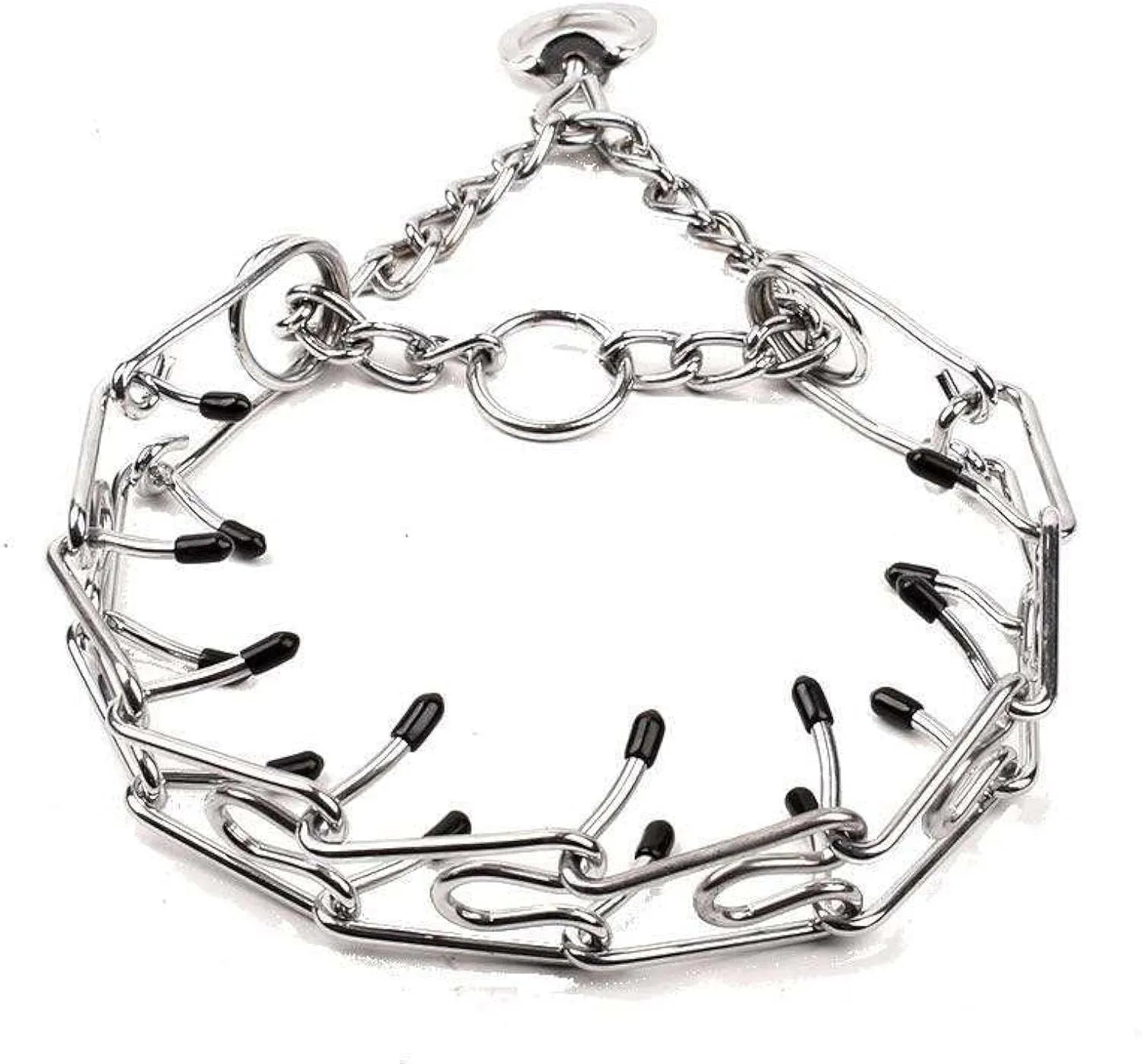 Stainless steel dog training collar with adjustable links and comfort rubber tips in four sizes