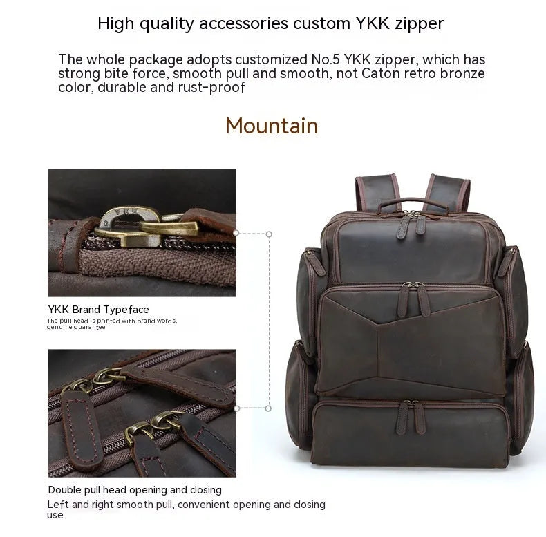 Dark brown leather men's backpack for 17-inch laptops with multiple compartments