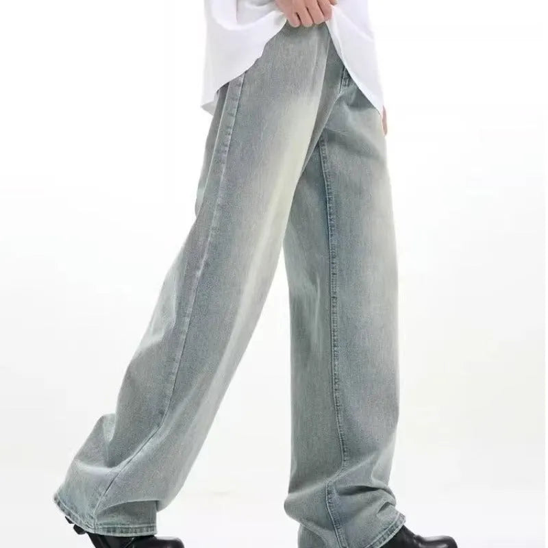 Blue loose retro trousers made from rabbit fur fabric with elastic waistband
