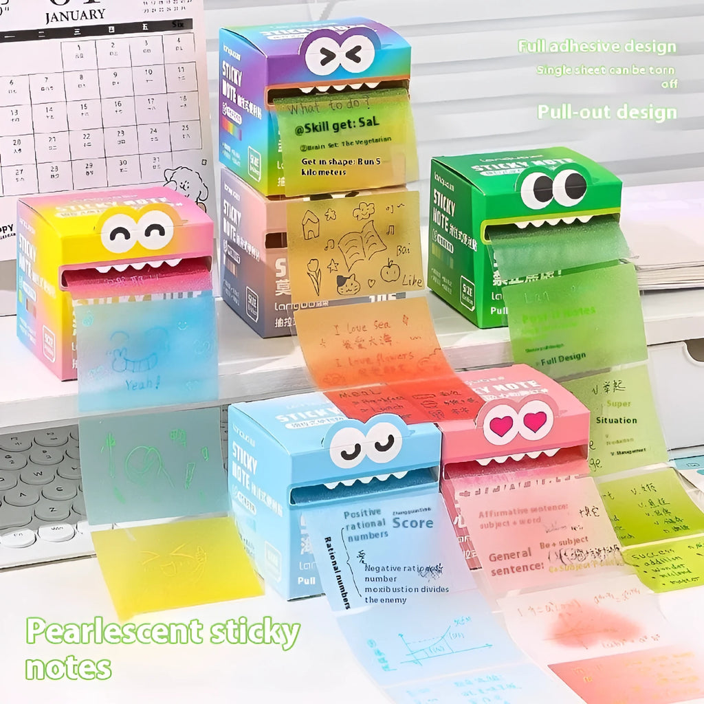 Boxed set of transparent pull-out sticky notes pad with 105 pages in six colour theme options