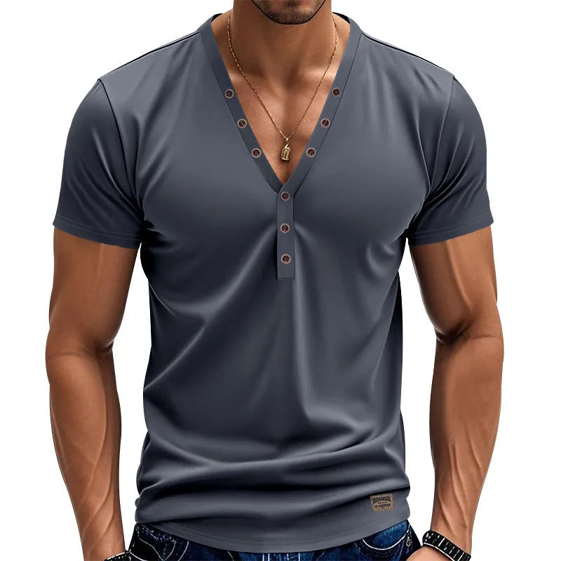 Men's loose fit solid colour V-neck pullover top with button detail on the chest.