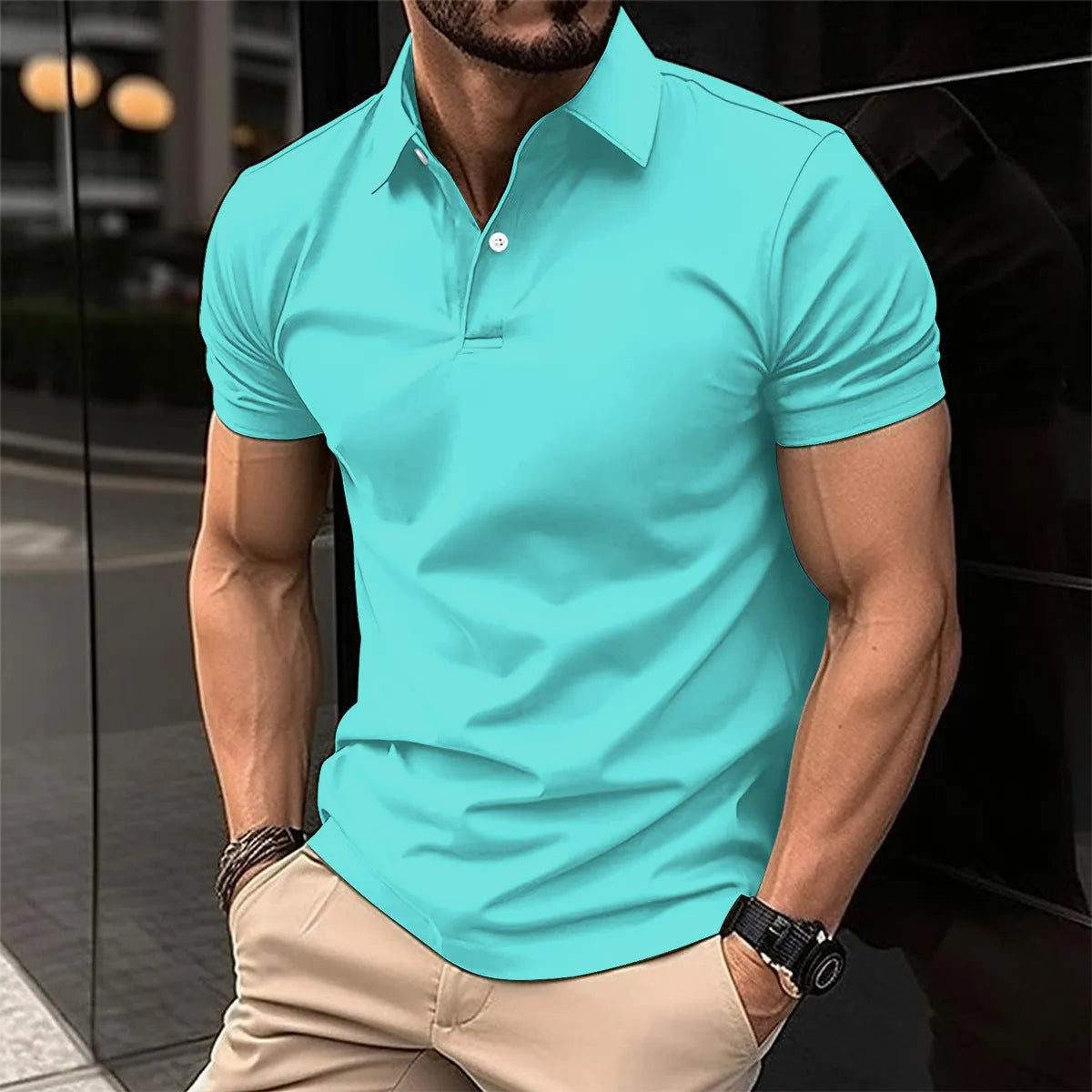 Men's solid colour short sleeve polo shirt with button lapel on a hanger