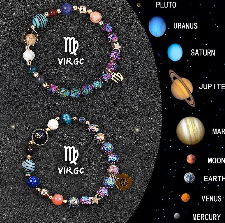Two natural stone beaded bracelets with zodiac symbols on an adjustable cord.