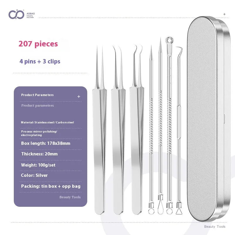 Set of four silver metal acne needles with pointed tips on a white background.